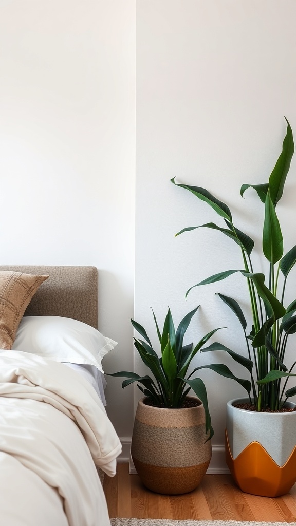 A cozy bedroom corner with two green potted plants beside a bed, showcasing purple decor.
