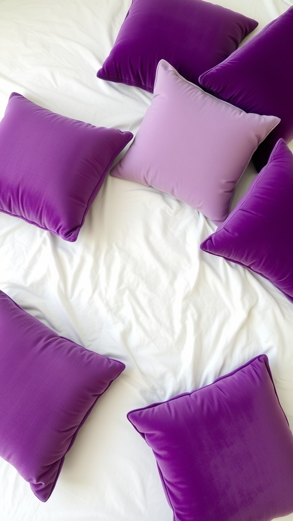 An assortment of purple throw pillows on a white bedspread.