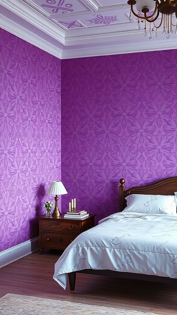 A purple bedroom with floral patterned wallpaper, a wooden bed, and a bedside table with a lamp.