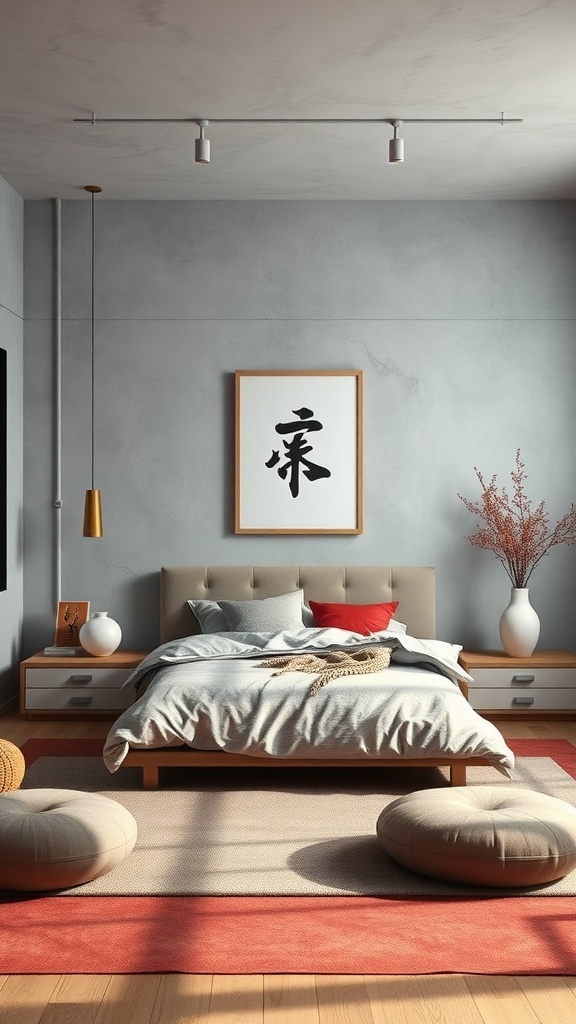 A serene grey and red bedroom with a cozy bed and decorative elements.