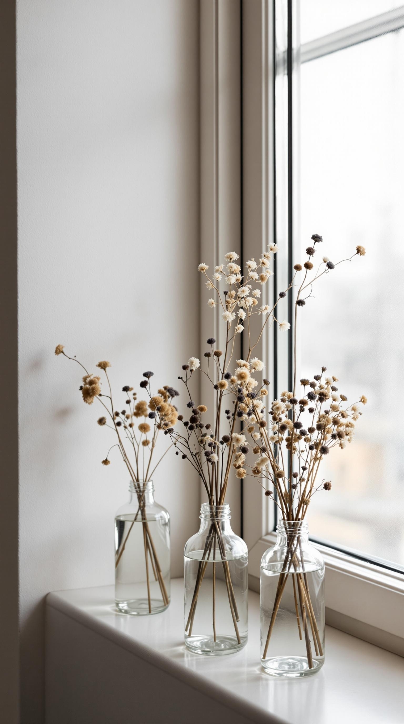 Simple glass vases with dried flowers on a windowsill.