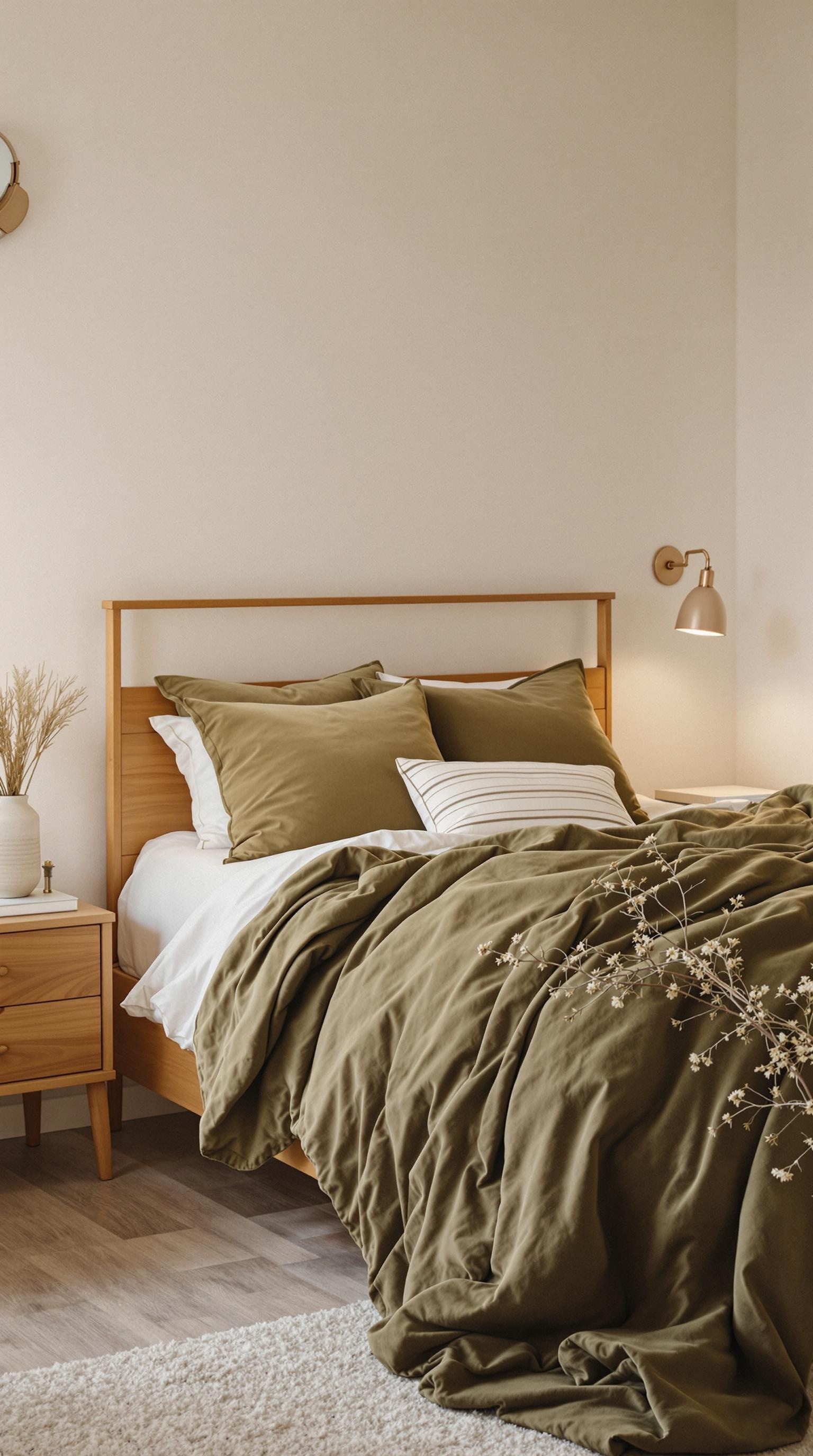A cozy bedroom featuring olive green bedding and pillows on a wooden bed frame, with a bedside table and decorative elements.