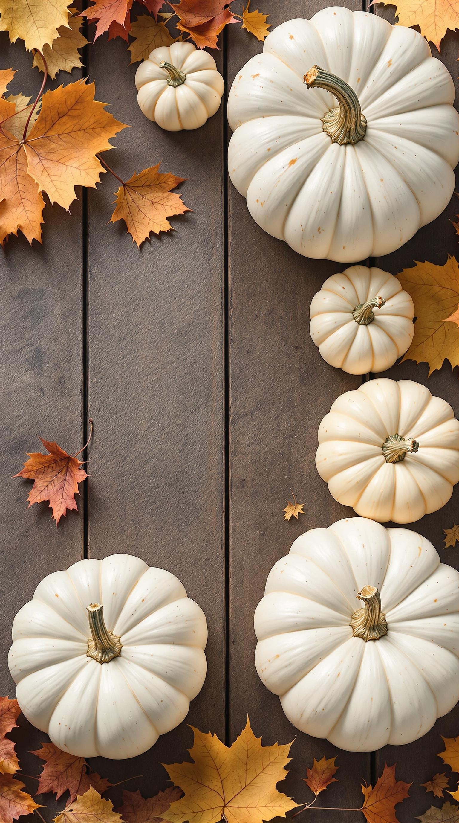 A collection of soft white pumpkins surrounded by autumn leaves on a wooden surface.