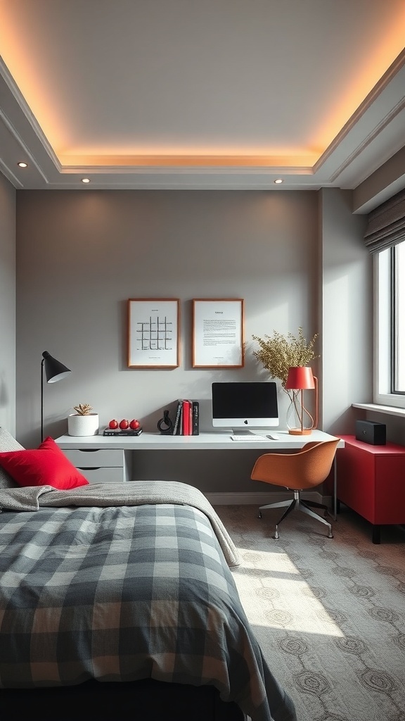 A stylish home office featuring a grey and red color scheme with a desk, computer, and cozy bedding.