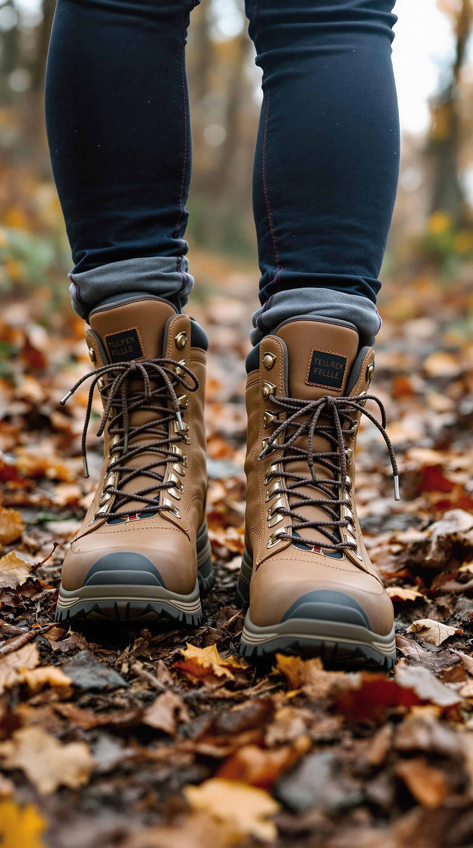 A close-up of sturdy brown hiking boots on a leaf-covered trail.
