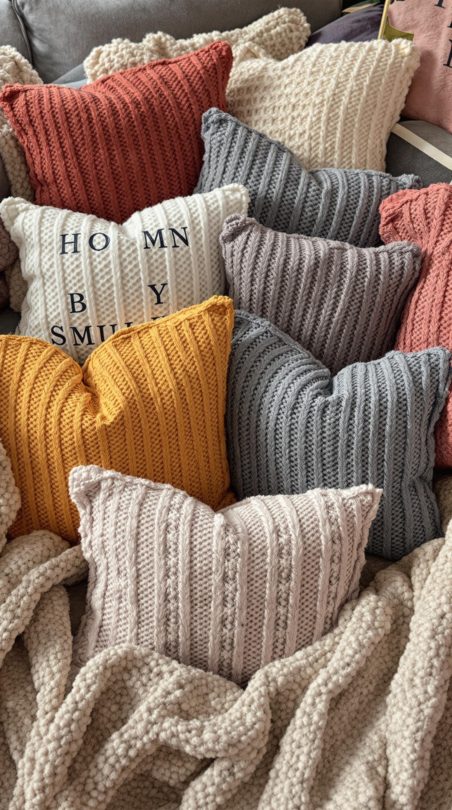 A collection of cozy pillows made from knitted fabrics in warm autumn colors.