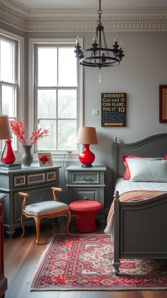 A vintage grey bedroom featuring red accents, including lamps and decorative items.