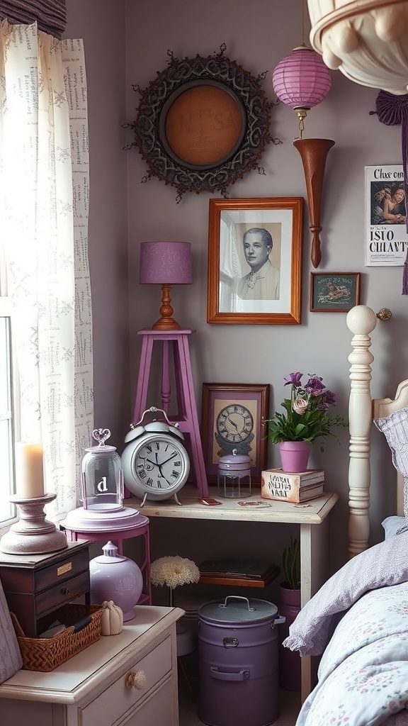 A cozy vintage purple-themed bedroom with various decor items including lamps, clocks, and wall art.