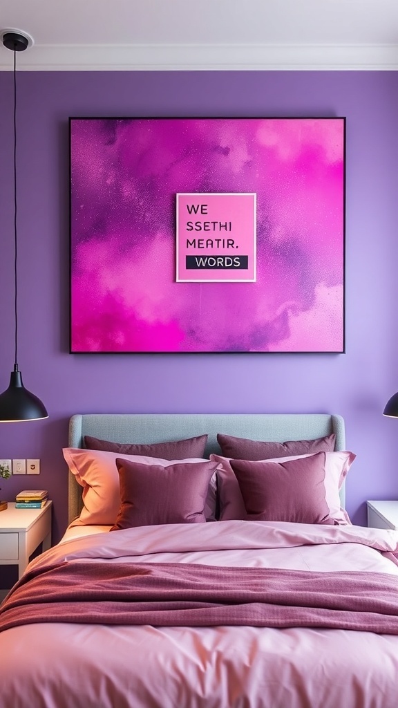 A purple bedroom featuring a vibrant wall art piece with pink and purple colors, displaying the text 'WE SSETHI MEATIR. WORDS'.