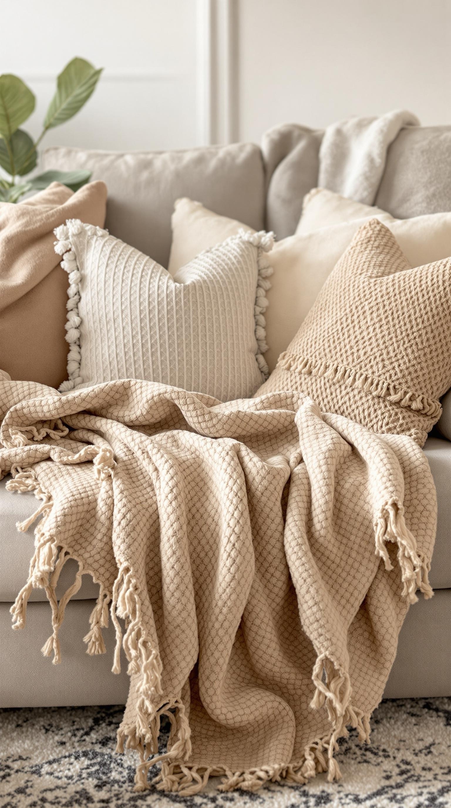 A cozy couch adorned with warm beige textiles, including pillows and a blanket.