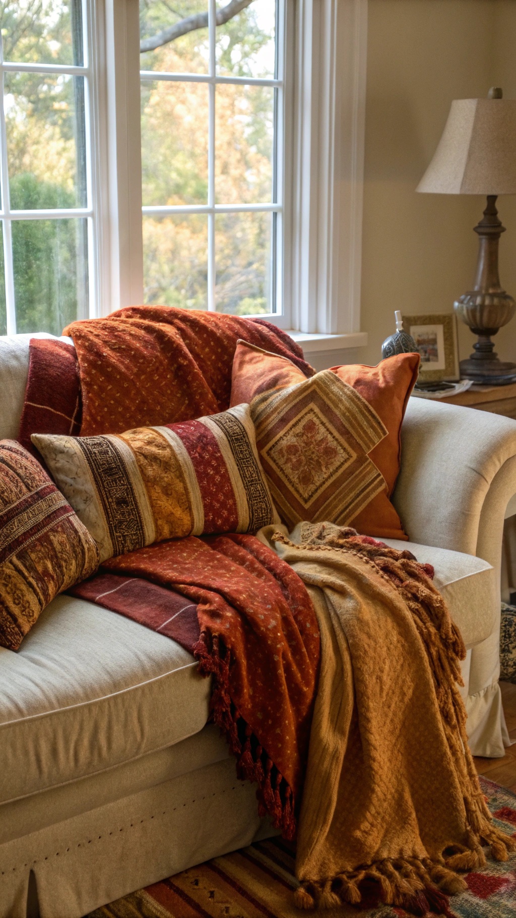 Cozy living room couch with warm textiles, including pillows and throws in autumn colors.