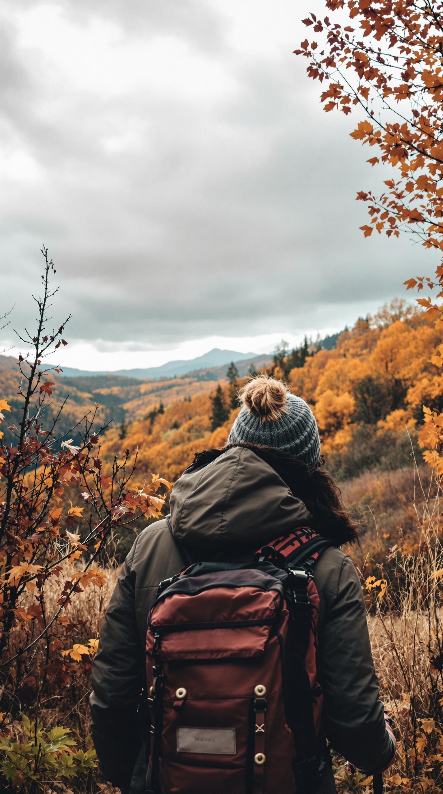 A woman in a weather-resistant jacket and beanie, overlooking a colorful autumn landscape.