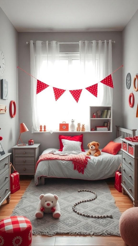 A cozy bedroom with grey walls and red accessories, featuring a bed with red cushions, a playful rug, and cheerful decorations.