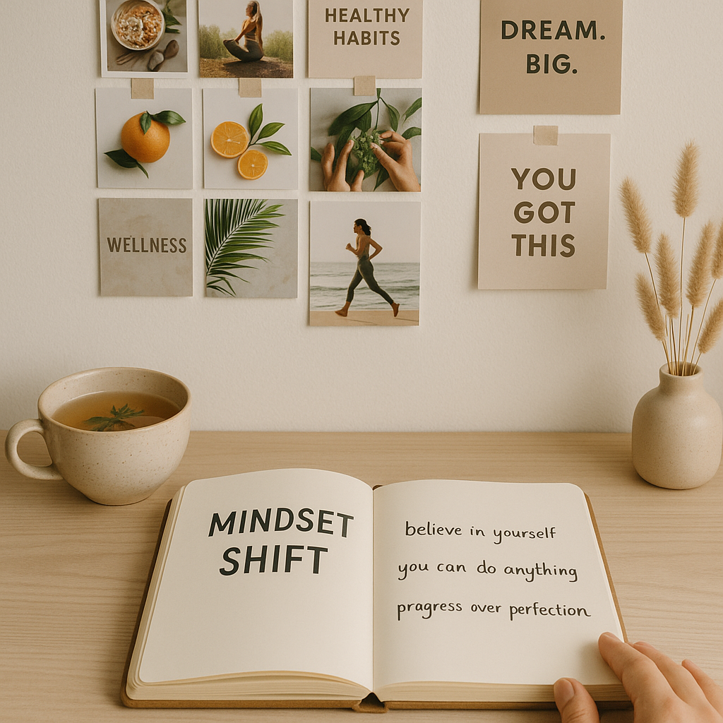 An open notebook with the heading 'mindset shift' next to a cup of tea, plants, and printed materials.