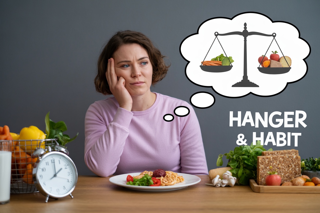 A thoughtful woman contemplating her food choices, symbolizing the balance between hunger and habit.
