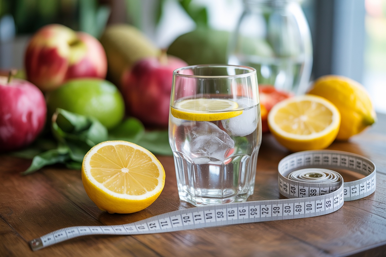 A glass of water with lemon slices, surrounded by fresh fruits and a measuring tape.