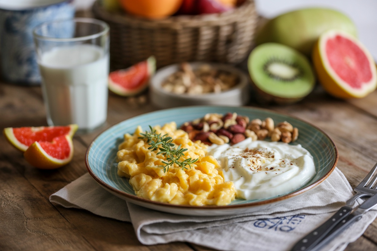 A nutritious breakfast plate with scrambled eggs, yogurt, assorted nuts, and fresh fruit.