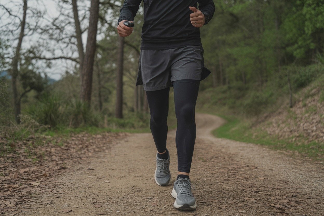 A person walking on a wooded path wearing athletic clothing.