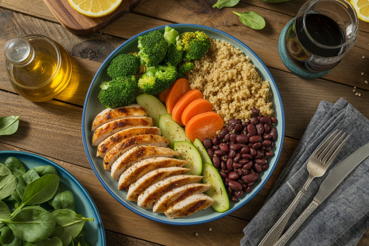 A nutritious plate filled with sliced grilled chicken, quinoa, broccoli, carrots, and beans.