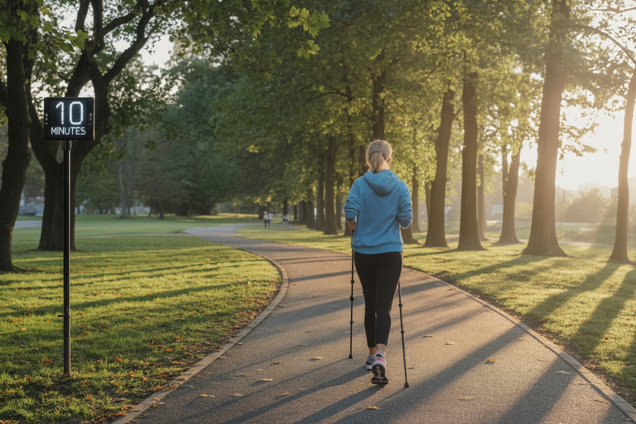A person walking on a path in a park with a sign showing 10 minutes.