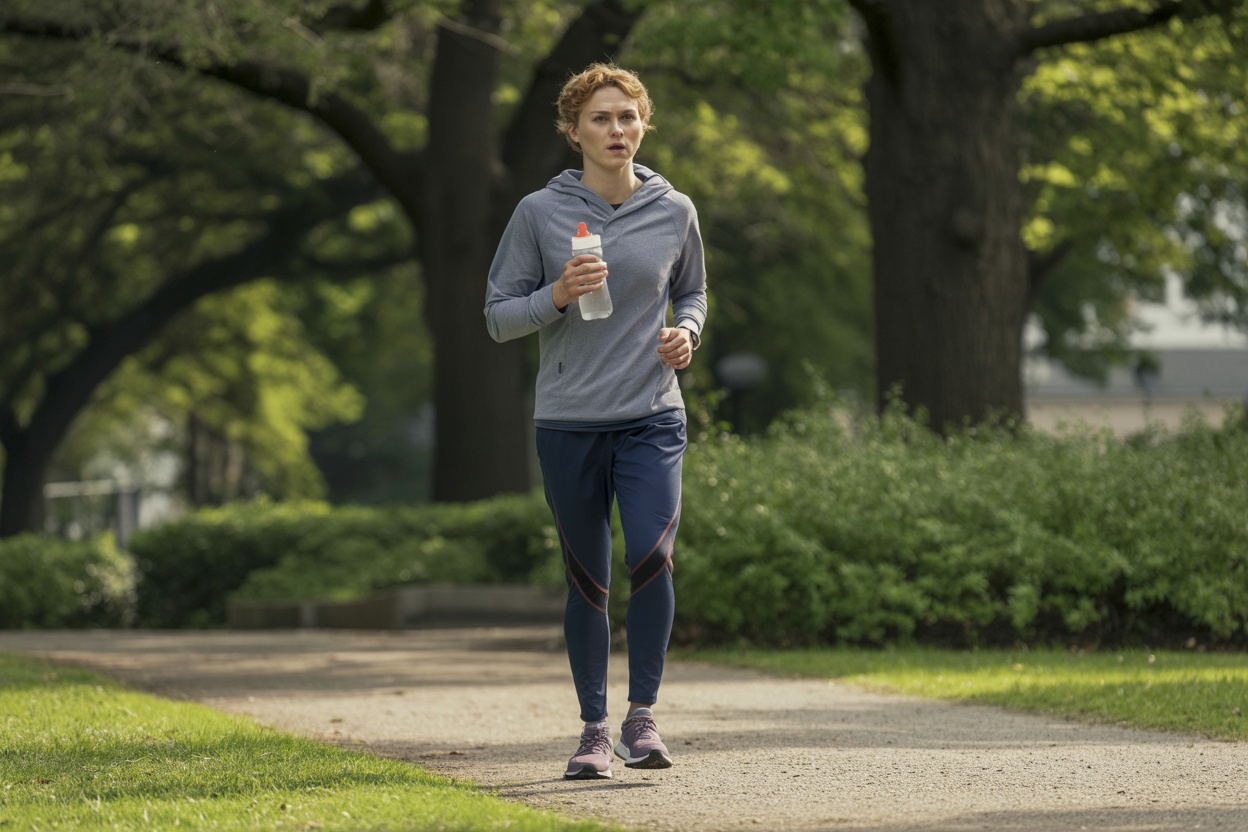 A person jogging in a park on a sunny day
