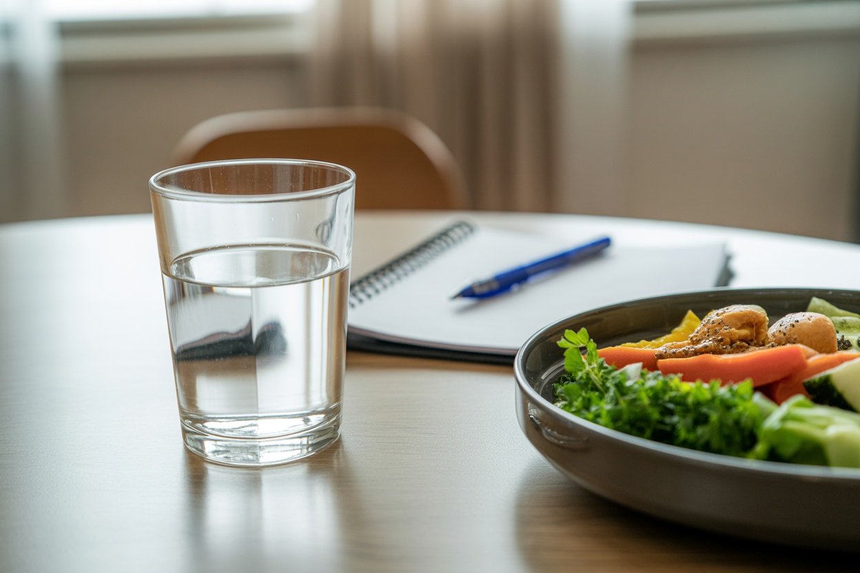 Glass of water beside a plate of healthy food on a table.