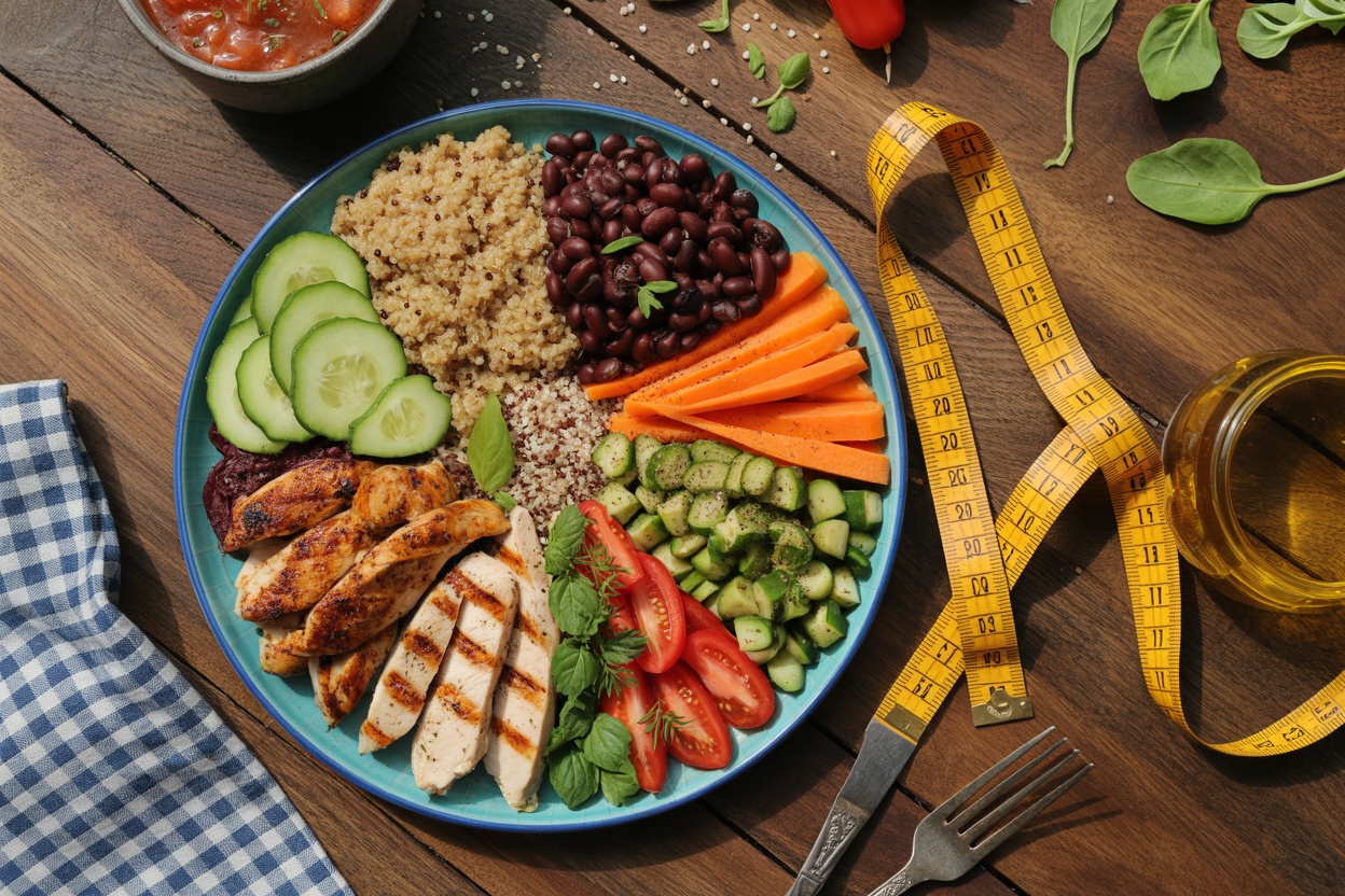 A balanced plate featuring grilled chicken, quinoa, colorful vegetables, and a measuring tape.