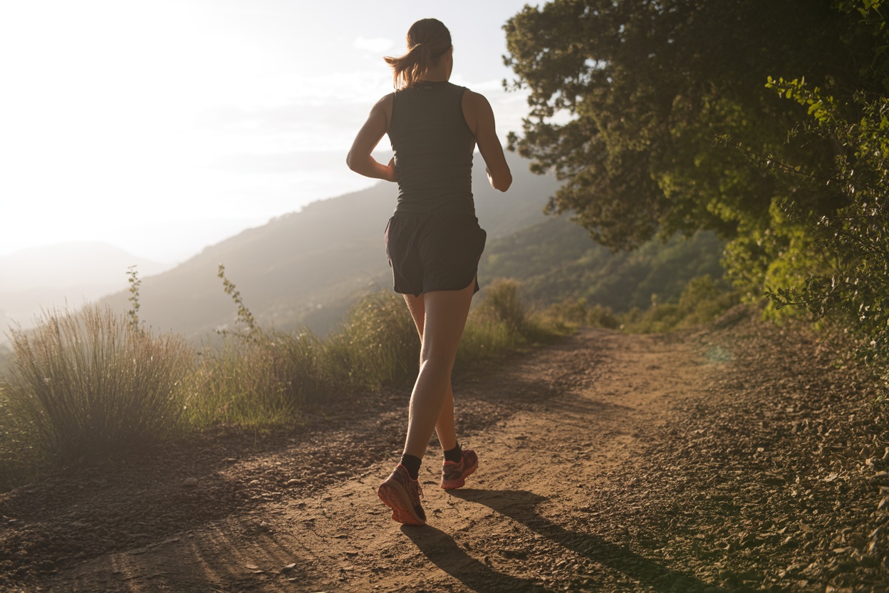 A person walking on a trail surrounded by nature during sunset.