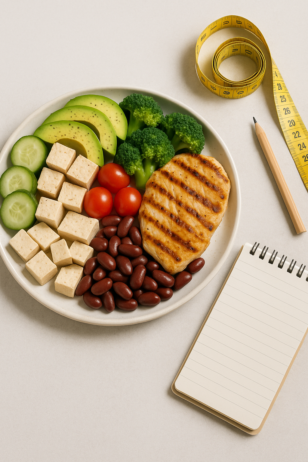A healthy meal featuring grilled chicken, tofu, beans, and fresh vegetables such as cucumbers, tomatoes, and broccoli.