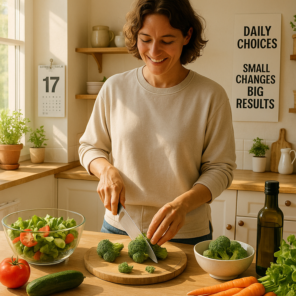 A person preparing fresh vegetables in a kitchen while looking at a calendar marked 'Today'.