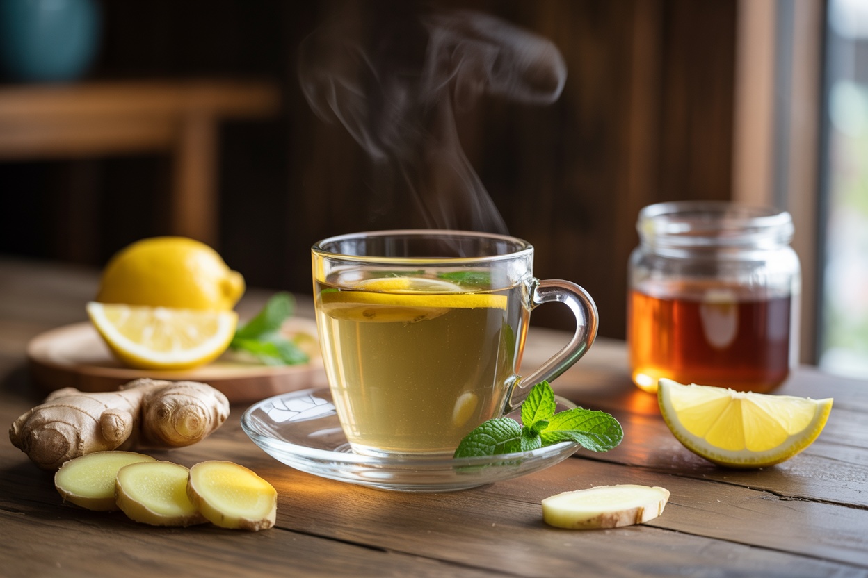 A cup of ginger tea with lemon and honey, surrounded by fresh ginger and lemon slices.