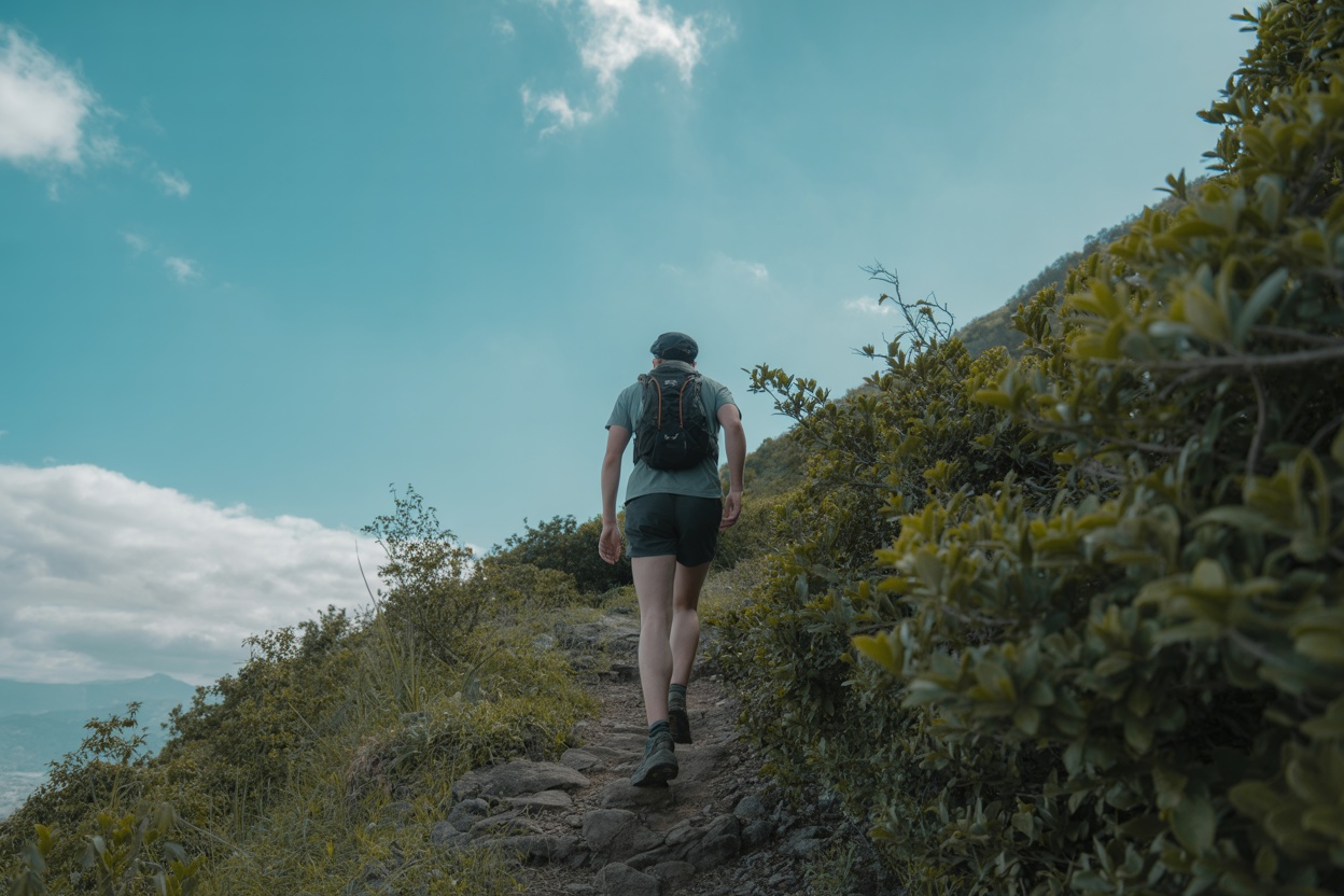 A person walking uphill on a rocky trail surrounded by greenery under a blue sky.