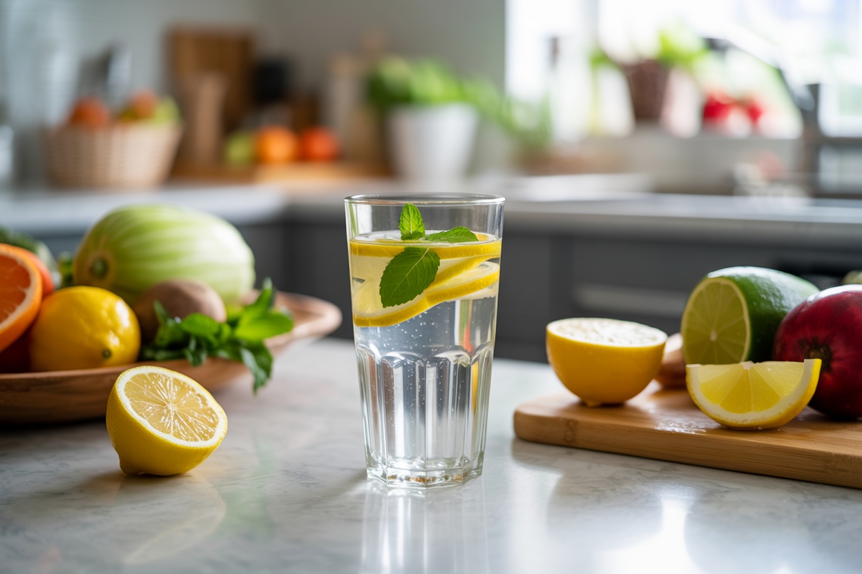 A glass of lemon-infused water with fresh fruits in the background.