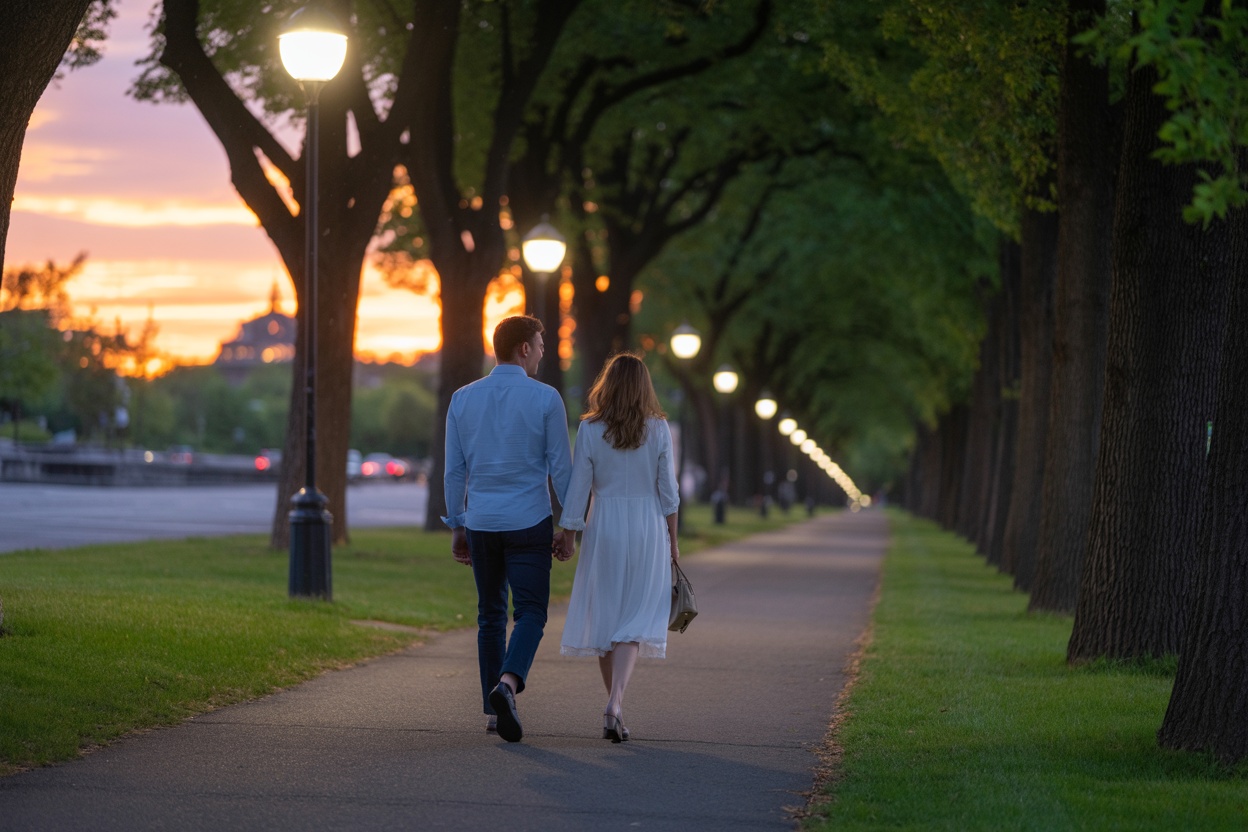 A couple walking hand in hand on a tree-lined path during sunset.