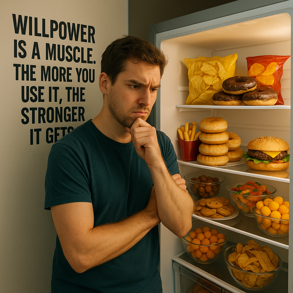 A person looking at a fridge full of food, showcasing the struggle of willpower in dieting.