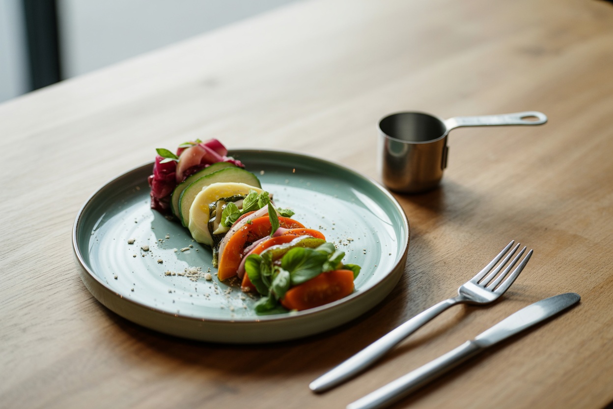 A plate with colorful vegetable portions and a measuring cup.