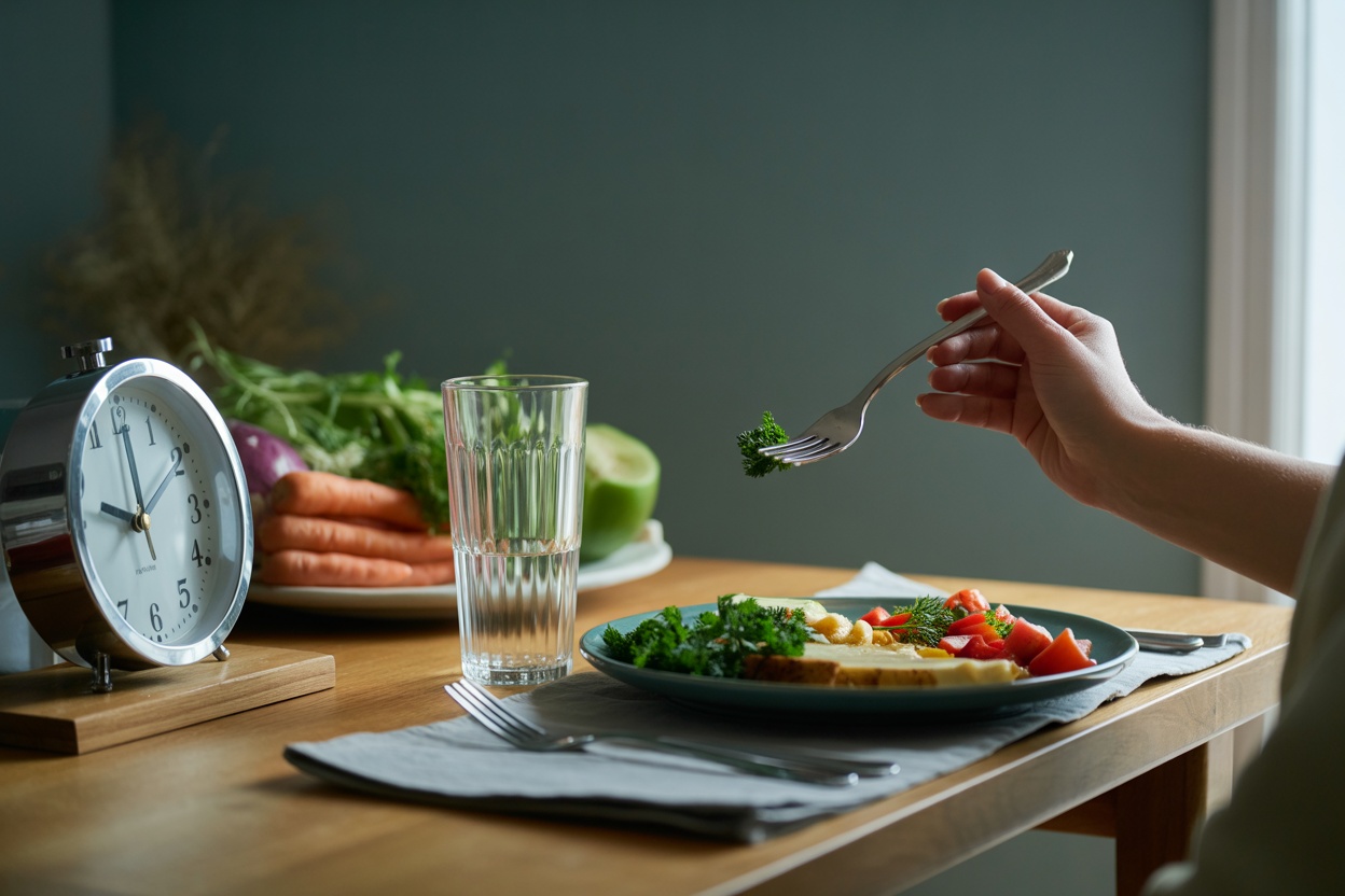 A person enjoying a healthy meal slowly, with a clock in the background.