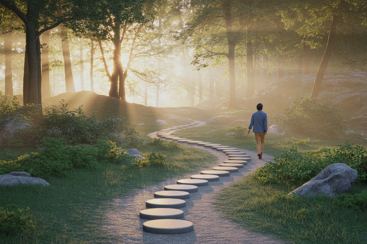 A person walking on a winding stone path surrounded by trees and sunlight in the forest.