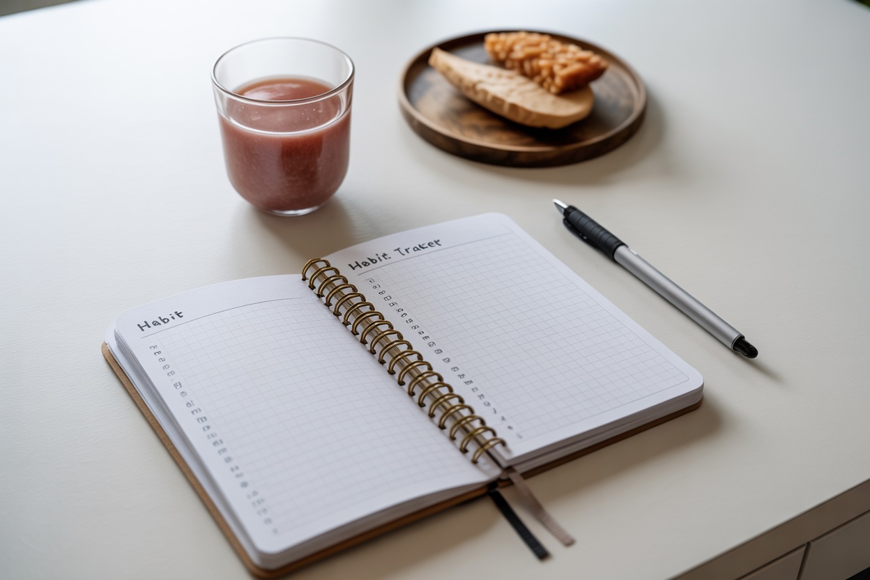 A notebook open to a habit tracker, a glass of smoothie, and snacks on a plate.