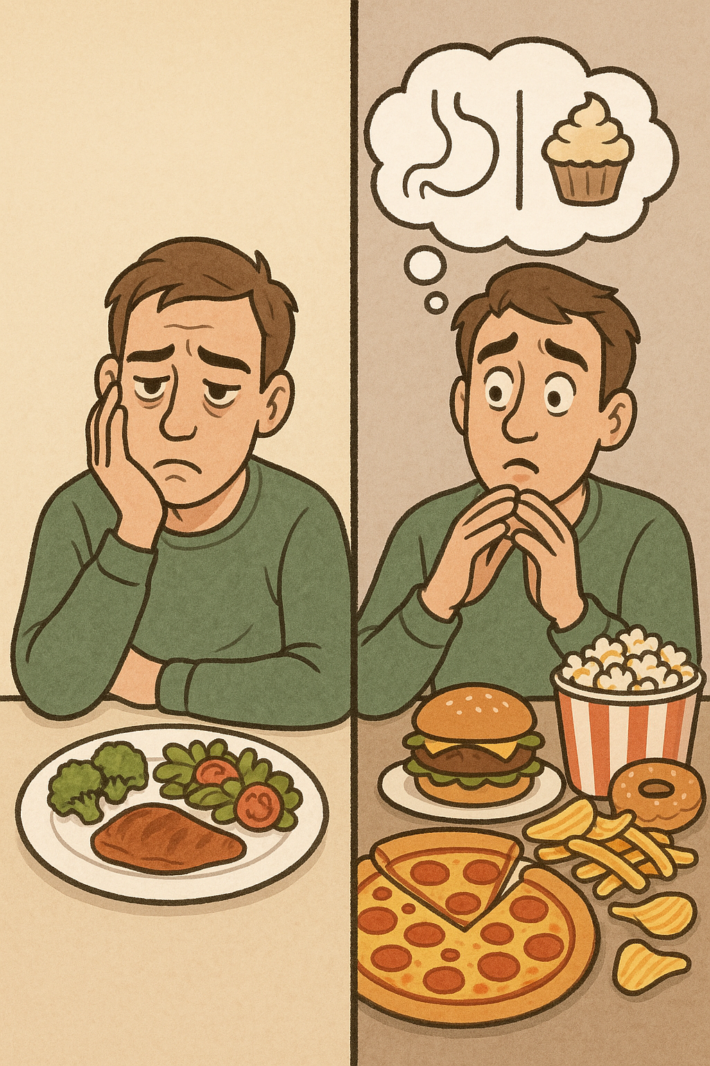 Illustration showing a person experiencing hunger with healthy food and cravings for junk food.