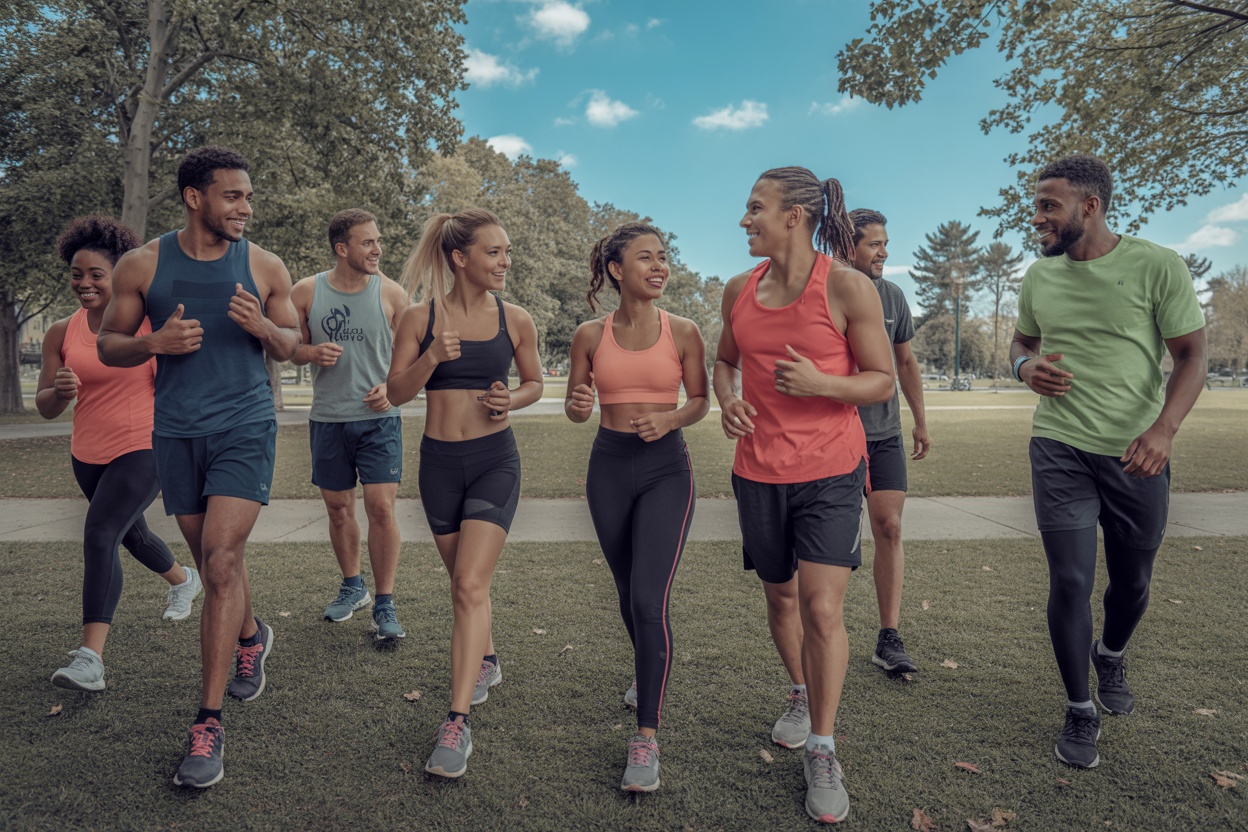 Group of people walking together in a park, enjoying fitness and conversation.