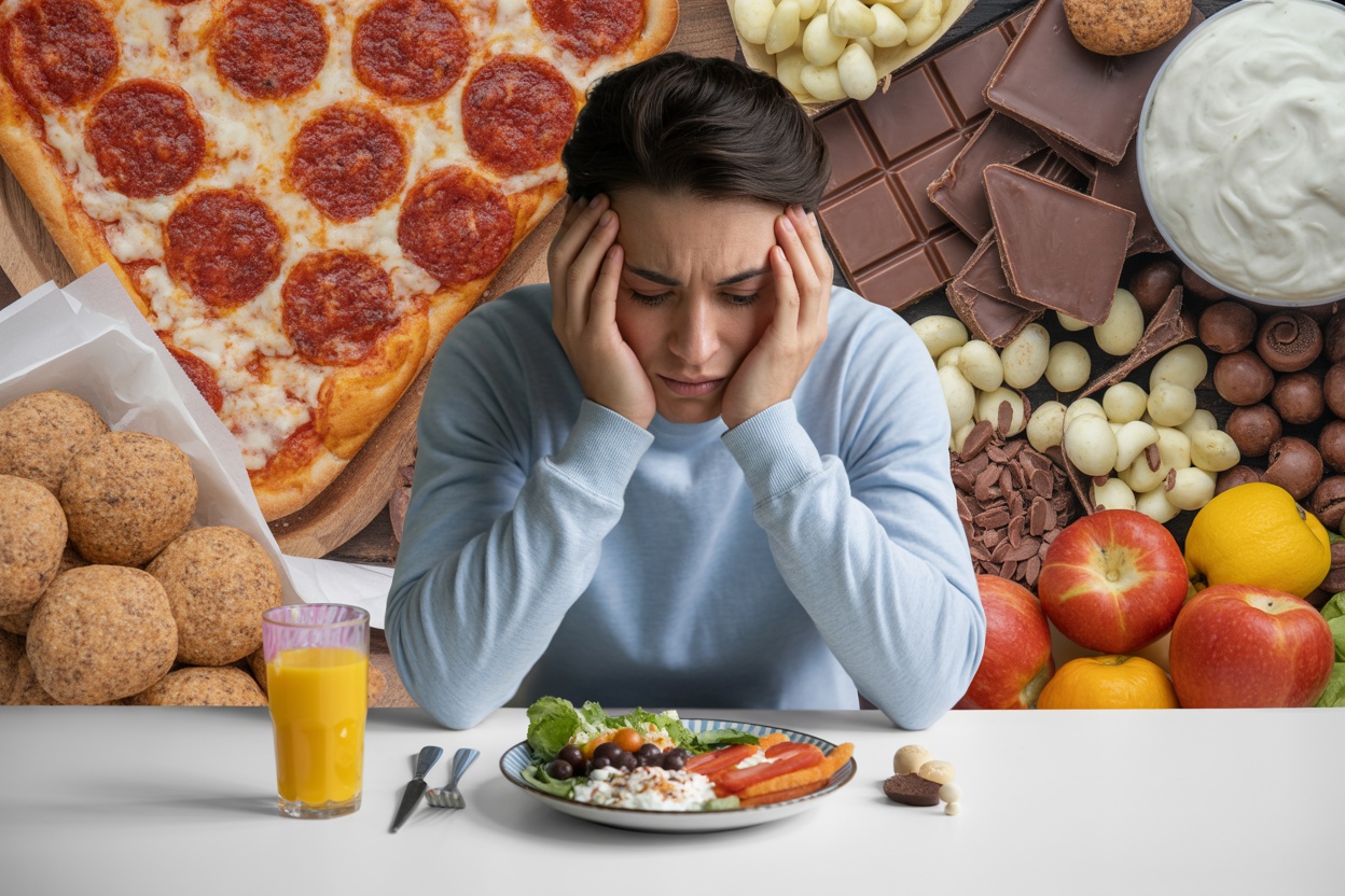 A person looking distressed while facing a plate of healthy food among images of junk food.