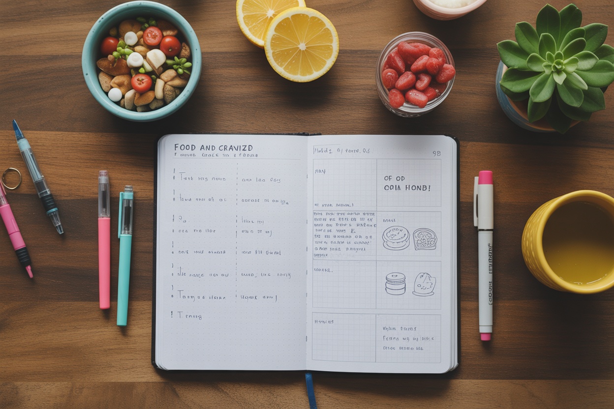 A journal for tracking food and cravings, with colorful pens, snacks, and a warm drink.
