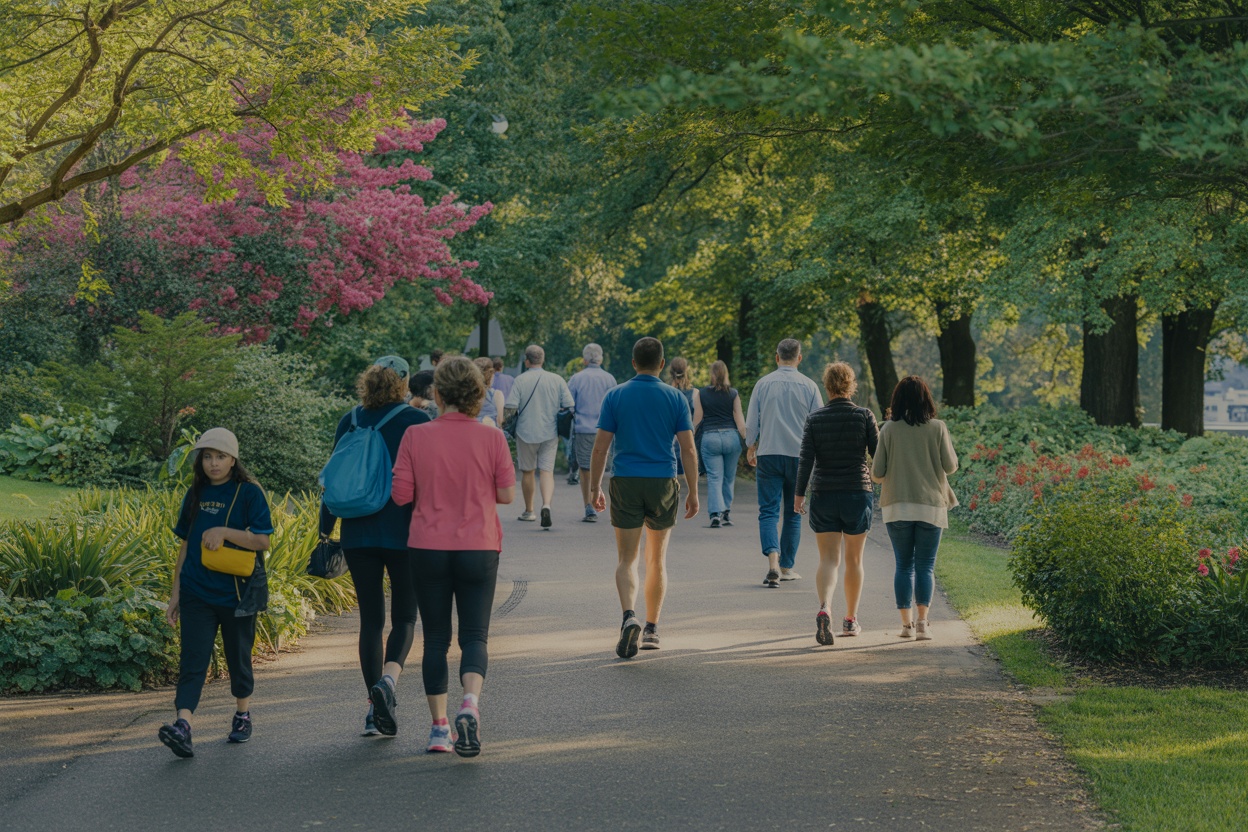 People walking together on a clear path surrounded by greenery and flowers.