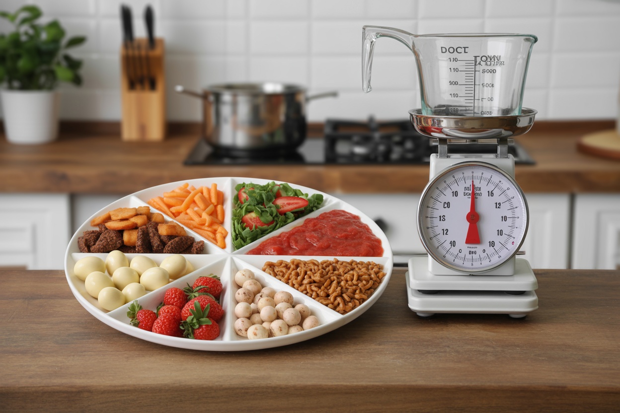 A divided plate with various healthy foods and a kitchen scale for portion control.