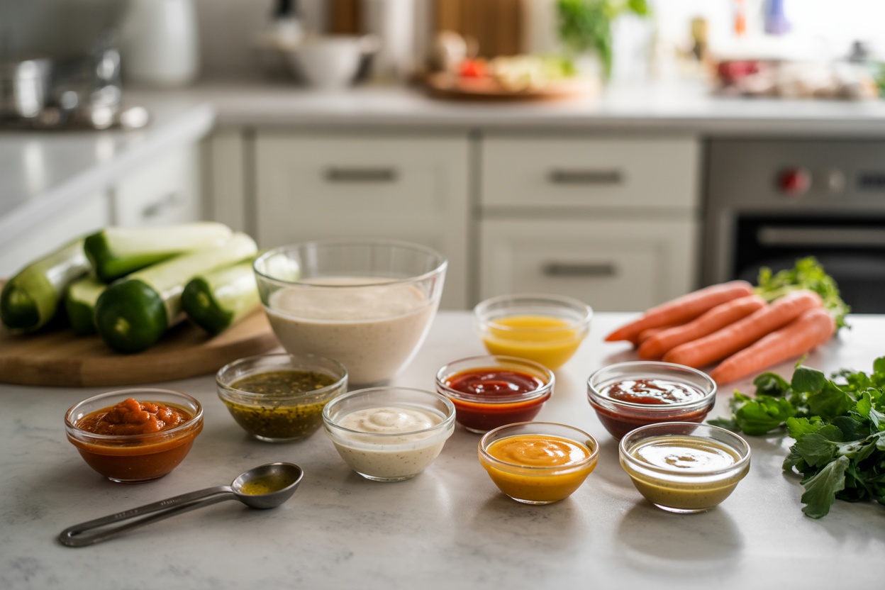 Various sauces and dressings in small bowls with vegetables in a kitchen setting.