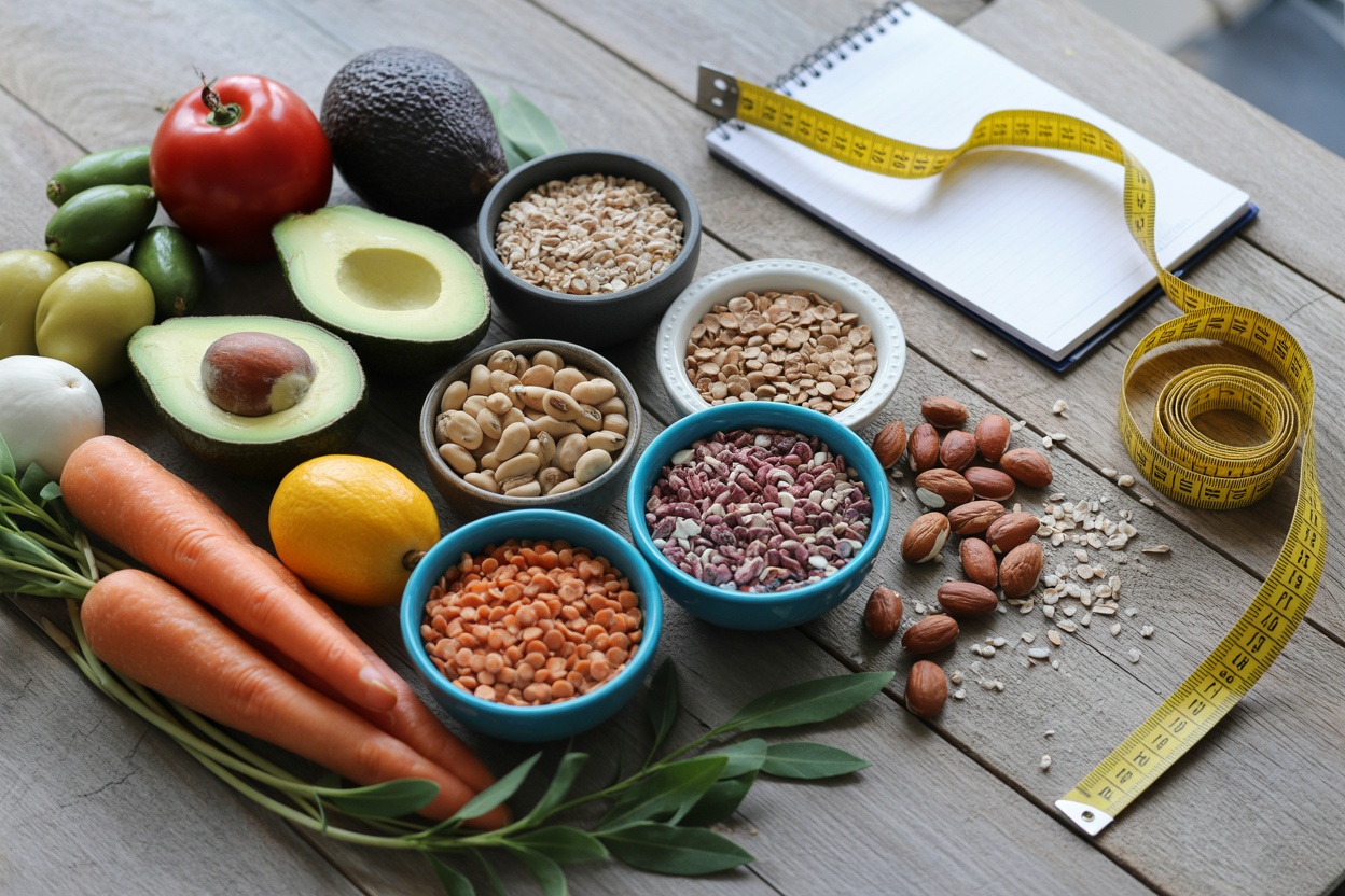 A variety of healthy foods including avocados, nuts, and vegetables.