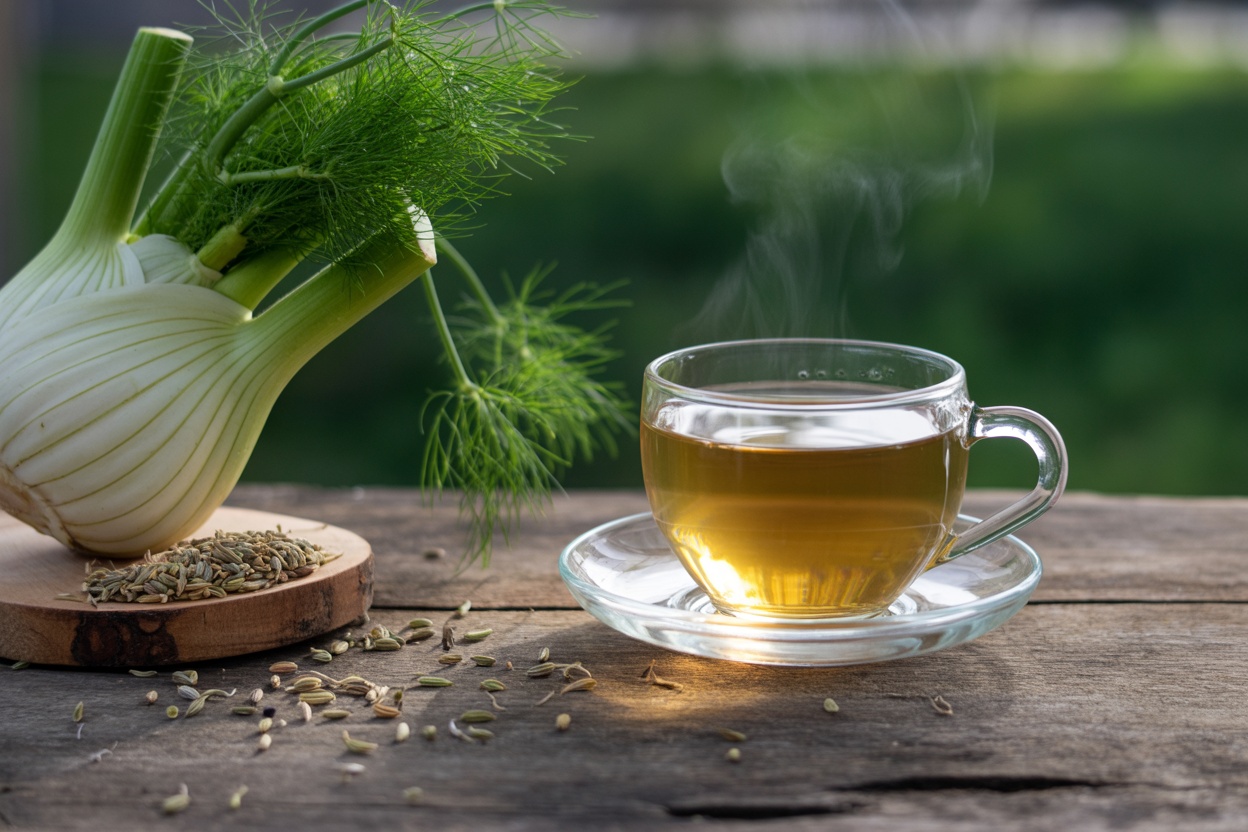 A steaming cup of fennel tea with fennel bulbs and seeds on a wooden table.