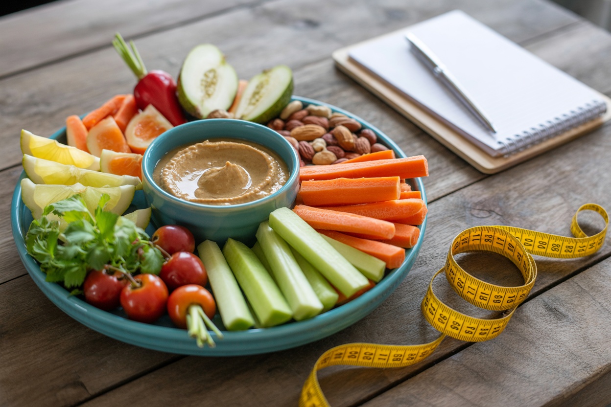 A vibrant platter of fresh vegetables, fruit, and a bowl of dip, promoting healthy eating.