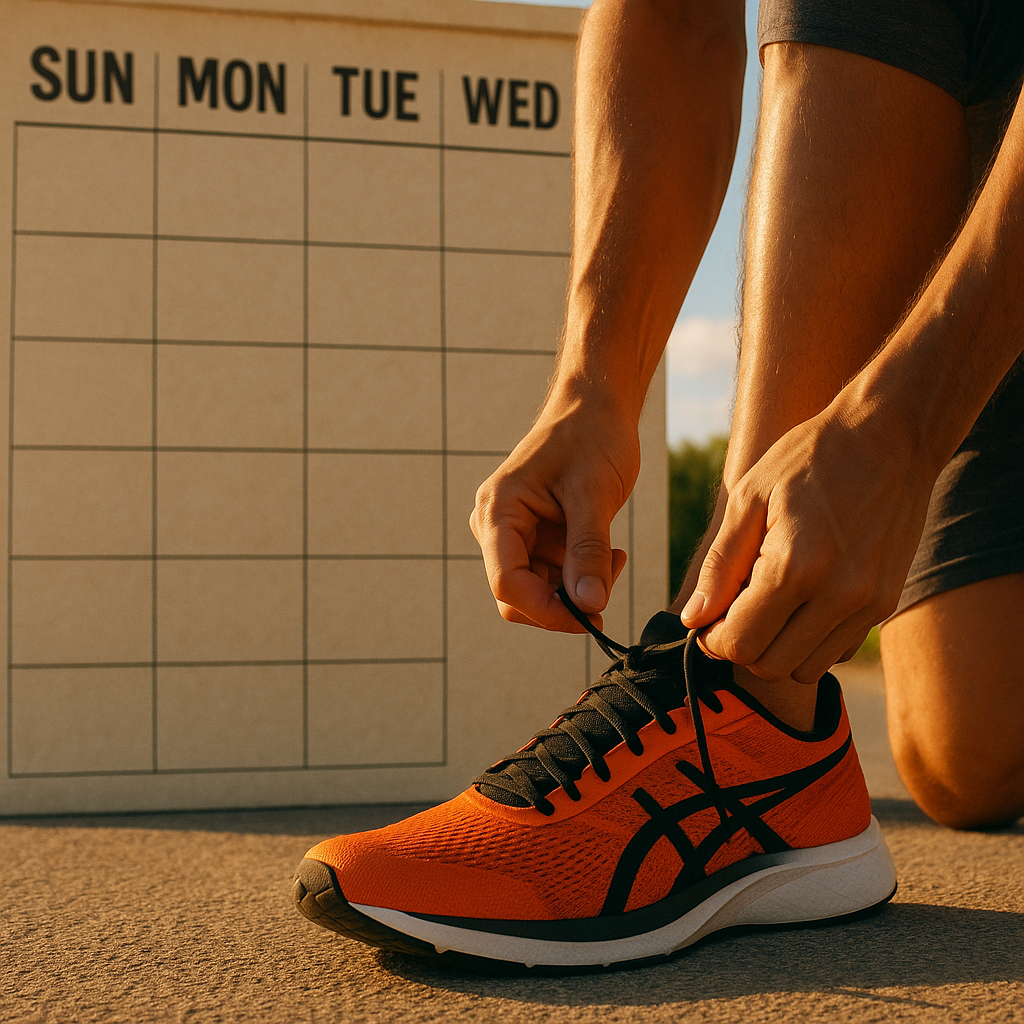 A person tying their shoelaces with a calendar displaying Monday in the background.